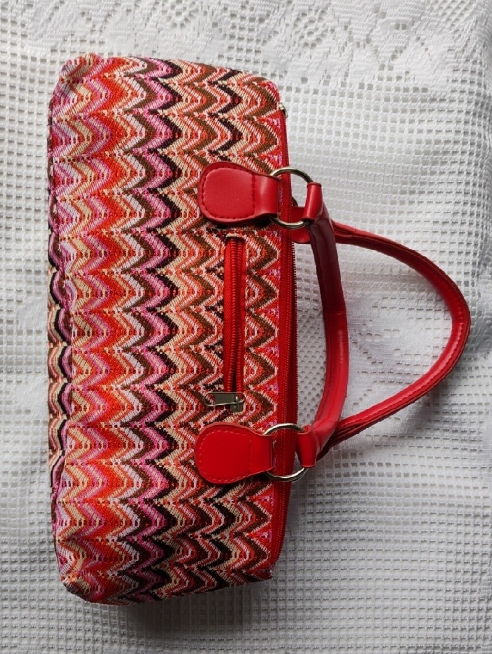 Vintage Red Patterned Zigzag Tote Insulated Bag